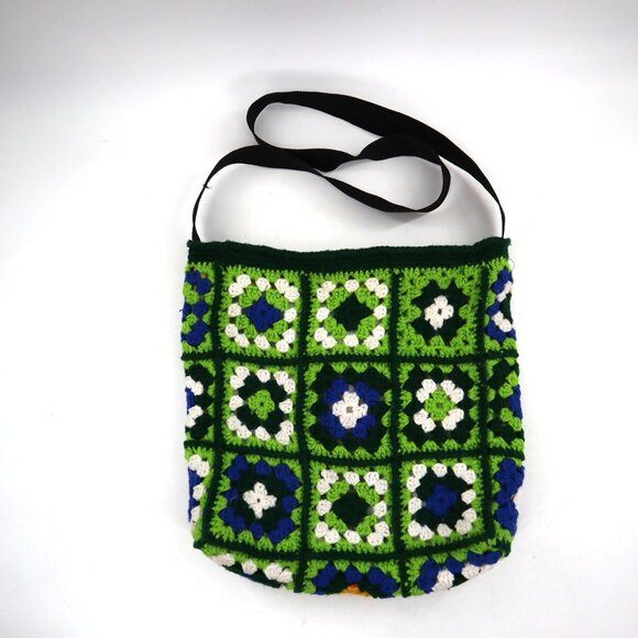 Crochet Granny Square Crossbody Bag Womens Green Retro Groovy Boho Festival - Picture 8 of 9